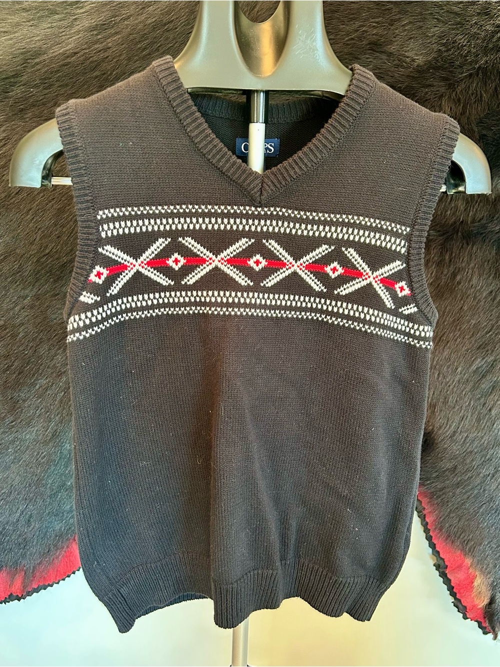 Chaps Black V-Neck Fair Isle Knit Vest with Red & White Accents